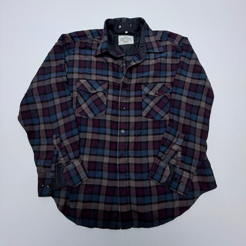 Northwest Territory Mens Large Plaid Flannel Shirt Purple Blue Grey Long Sleeve